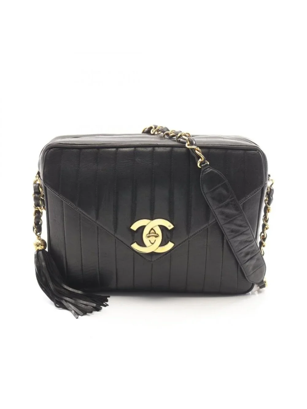 Chanel Shoulder Bag Mademoiselle Tassel Black Lambskin Fringe Chain
